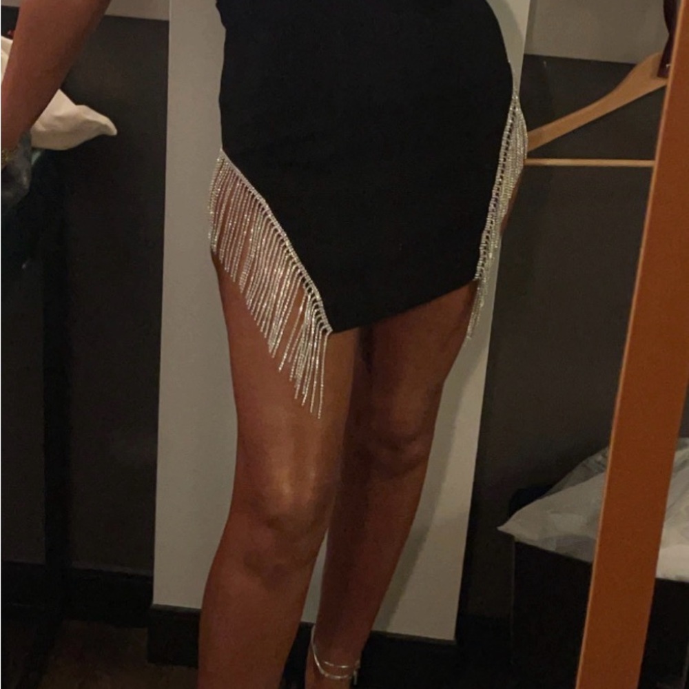 House of CB Black Mini Skirt with Silver Fringe Trim
